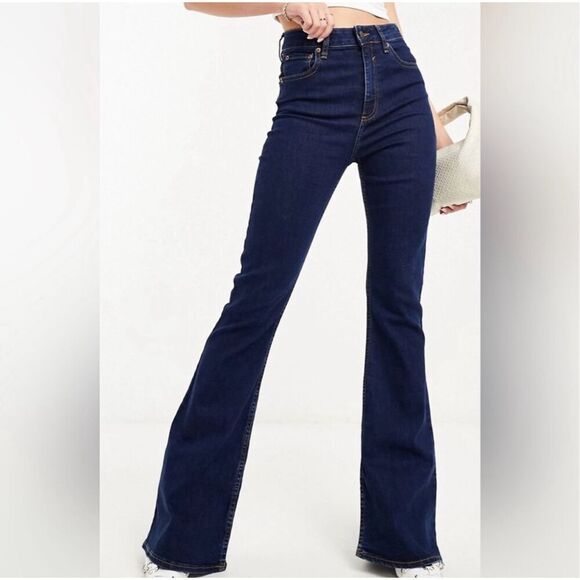 NWT TopShop Jamie Flare Jeans High Rise Dark Wash Indigo Women’s W34 L32 Stretch - Picture 1 of 11